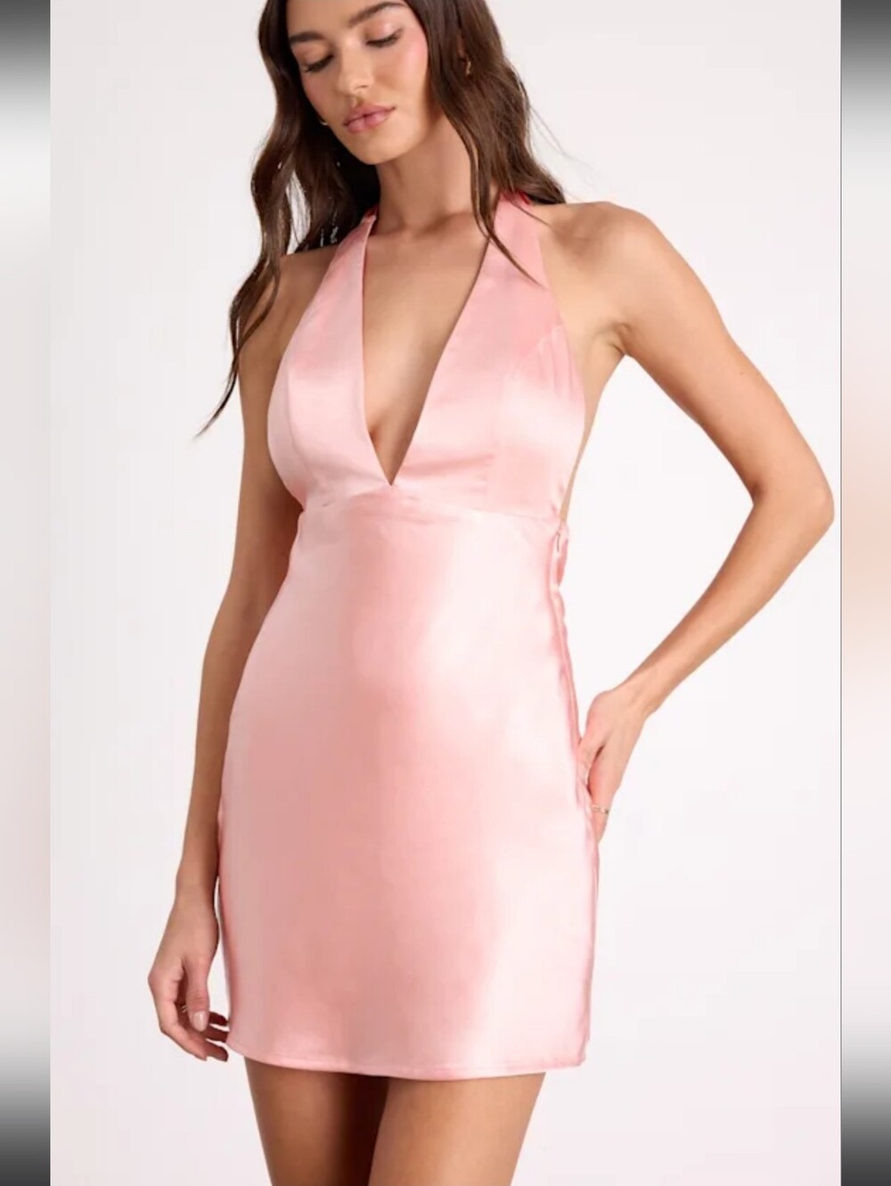 Lulu's Plunging Halter Satin Mini Dress in Blush Pink